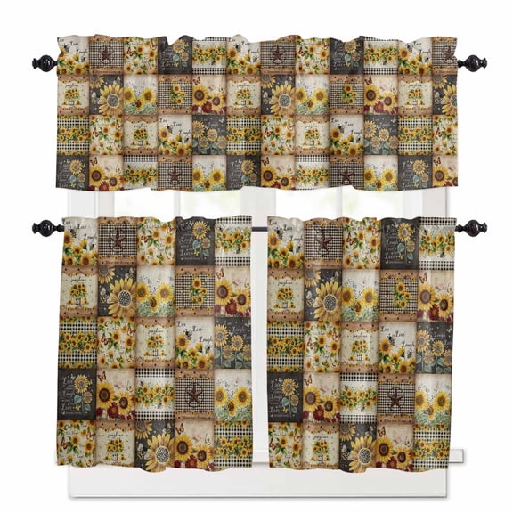 Retro Pastoral Kitchen Curtains Valance and Tier Set Sunflowers Star Farmhouse Plaid Patchwork Rod Pocket Short Curtains for Small Window 3 Pieces Set for Bedroom Bathroom Cafe (54" x 18"+27" x 24")