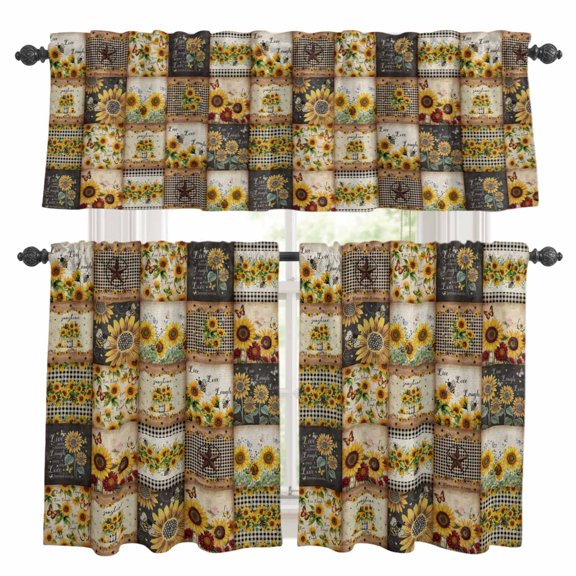 Retro Pastoral Kitchen Curtains Valances and Tiers Set of 3 Sunflowers Star Farmhouse Plaid Patchwork Tier Curtains and Valance with Rod Pocket for Small Windows, 27.5"x24"