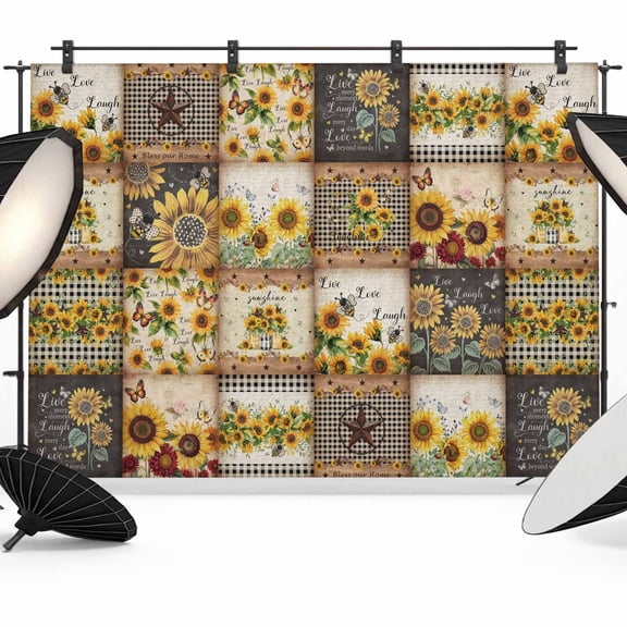 Retro Pastoral Photography Backdrop 7x5FT, Sunflowers Star Farmhouse Plaid Patchwork Photo Backdrops, Background for Photography Studio Photo Studio Background, Back Drop for Photoshoot