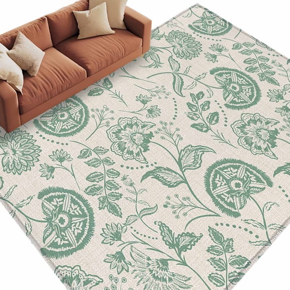 Retro Pastoral Washable Area Rug 5 x 8 ft Light Green Flowers Linen Background Farmhouse , Soft Non Slip Rugs Stain Repellent Indoor Felt Carpet for Living Dining Room Bedroom Home Office