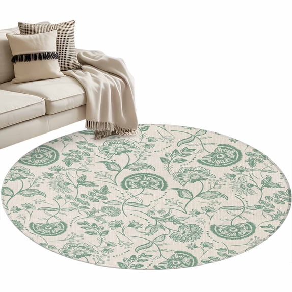 Retro Pastoral Washable Round Area Rug 3 ft, Light Green Flowers Linen Background Farmhouse , Soft Non Slip Rugs Stain Repellent Indoor Felt Carpet for Living Dining Room Bedroom Home Office