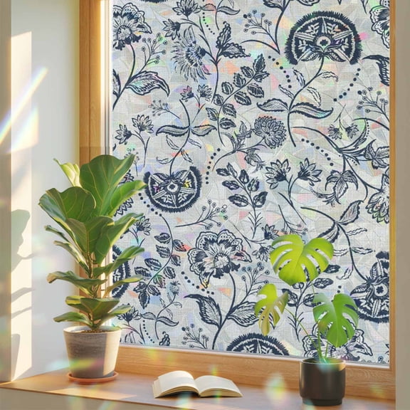 Retro Pastoral Window Privacy Film, Dark Blue Flowers Linen Background Farmhouse Stained Glass Rainbow Film Decorative Window Clings, Static Cling Sun Blocking Stickers 17.7" x 39.3"