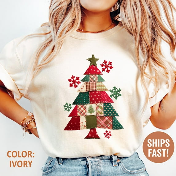 Retro Patchwork Christmas Tree Shirt: Preppy Xmas Comfort Colors Shirt - Faux Embroidery Christmas Sweatshirt