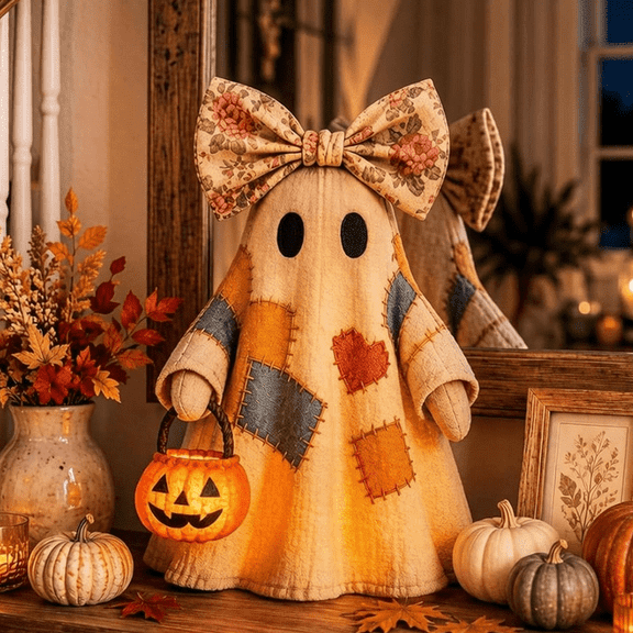 Retro Patchwork Ghost Light, 13.7" Vintage Pumpkin Lantern Halloween Decoration for Home (#A, no batteries)