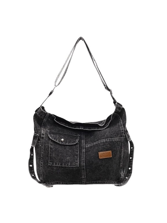 Retro Patchwork Handbag Handheld Shoulder Crossbody Bag Large Capacity Denim Commute Underarm Tote Bag Cute tote bags in Dark Tea for Daily Outfits