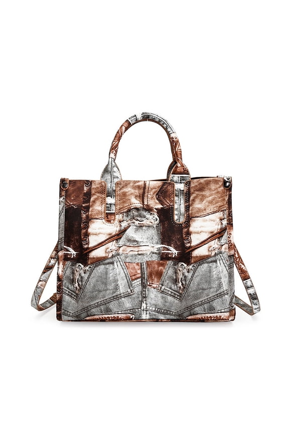 Retro Patchwork Tote Bag for Women, Large Capacity PU Shoulder Bag - Fashionable Vintage Print Design with Zipper Closure for Daily Matching (Brown/Green)