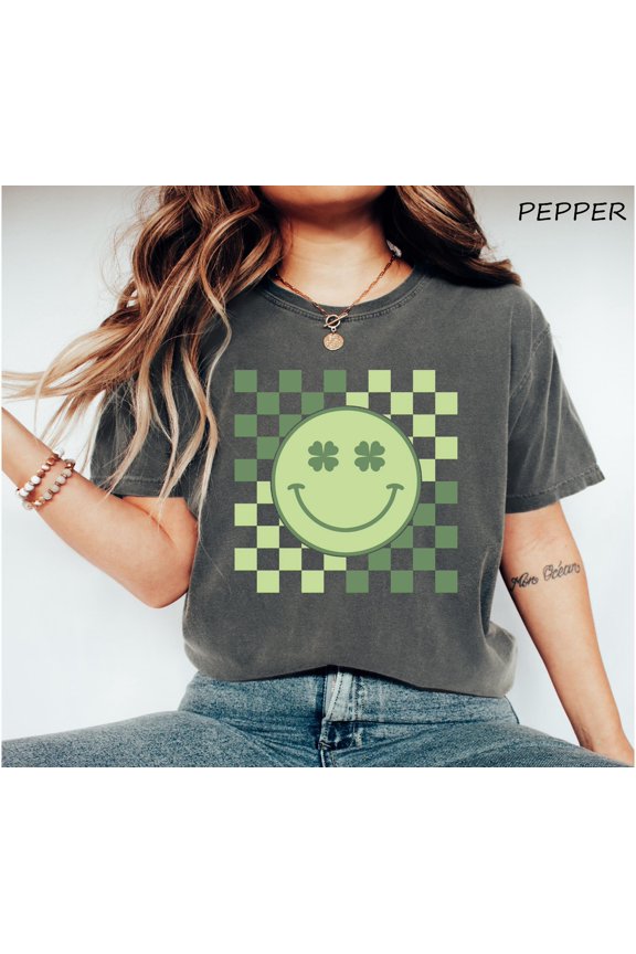 Retro Patricks Smiley Face Shirt Checkered Clover Shirt Cute Women Patricks Shirt Happy Pa