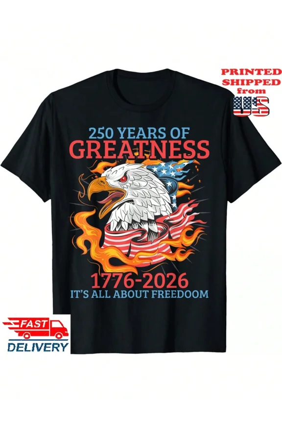 Retro Patriotic American Eagle T-Shirt 250 Years of Greatness 1776-2026 USA Flag Freedom Graphic Tee for Men