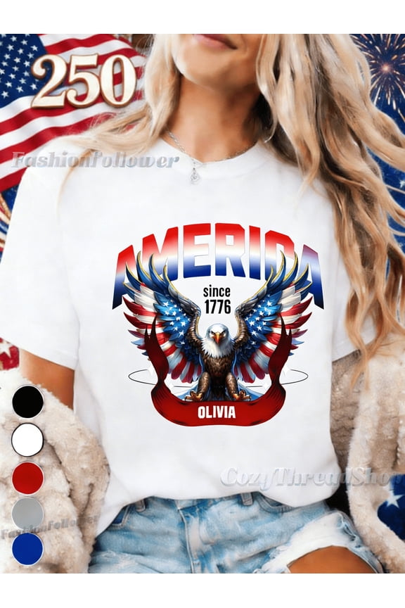 Retro Patriotic American Flag Bald Eagle USA Since 1776 Personalized Name Women's Short Sleeve T-Shirt Independence Day Fashion Top