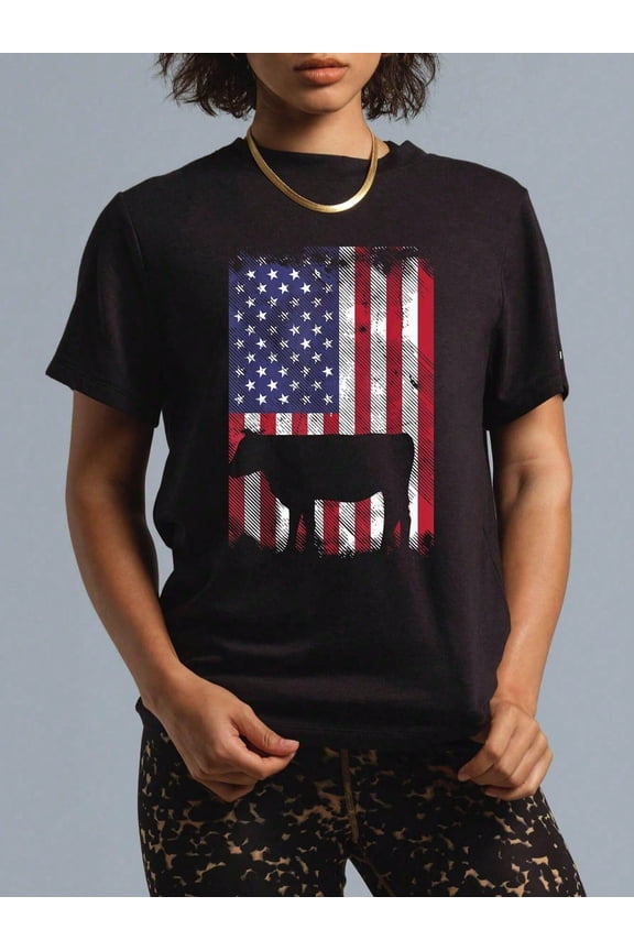 Retro Patriotic American Flag Cow Silhouette T-Shirt - Vintage Distressed USA Farm Life Graphic Tee for Men and Women - Country Western Style Apparel