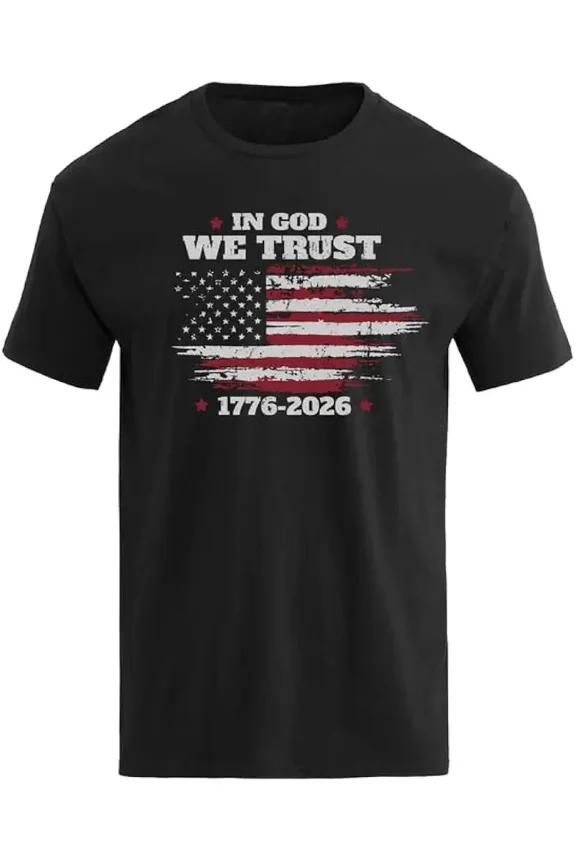 Retro Patriotic American Flag T-Shirt In God We Trust 1776-2026 Distressed USA Pride Graphic Tee for Men Women Unisex Adult