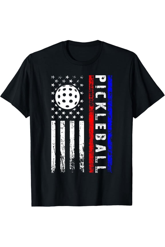 Retro Patriotic Pickleball American Flag T-Shirt Distressed USA Sports Graphic Tee for Men and Women
