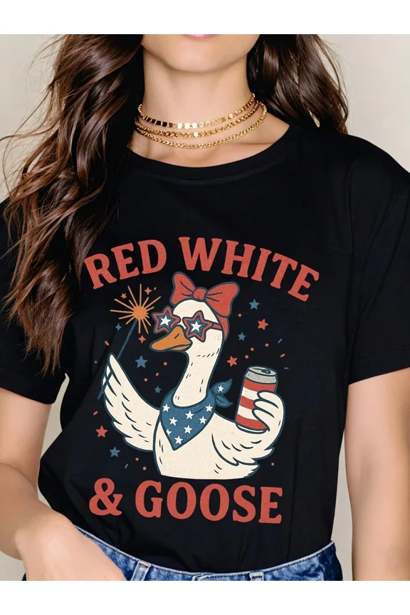 Retro Patriotic Red White and Goose Funny American Flag Graphic T-Shirt for Women Summer Independence Day Party Top
