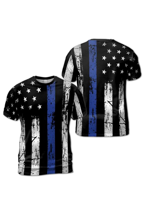 Retro Patriotic Thin Blue Line American Flag USA Police 3D T-Shirt S-5XL