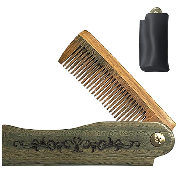 Retro Pattern Folding Wooden Comb Foldable Beard Comb Carved Wooden Combs Fine Tooth Hair Combs with Imitation Leather Protective Black