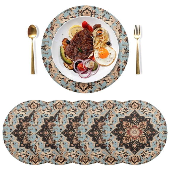 Retro Pattern Mandala Black Round Placemats Plate Mats 15 Inch Non-Slip Heat Resistant Washable PVC Set Indoor for Kitchen Dining Table 6PCs