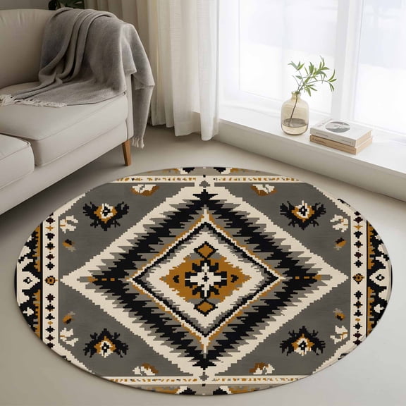 Retro Pattern Round Rugs for Living Room 3ft Brown Black Ethnic Style Weaving Texture Non Slip Circle Rug Washable Low-Profile Indoor Carpet for Bedroom, Dining Room, Bathroom