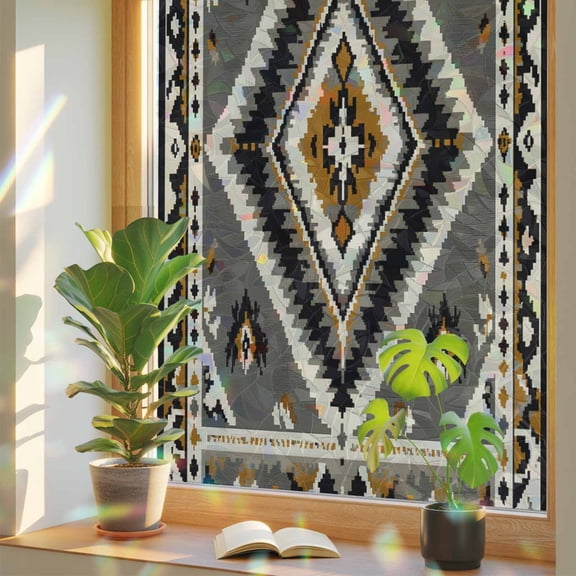 Retro Pattern Window Privacy Film, Brown Black Ethnic Style Weaving Texture Stained Glass Rainbow Film Decorative Window Clings, Static Cling Sun Blocking Stickers 29.5" x 118"