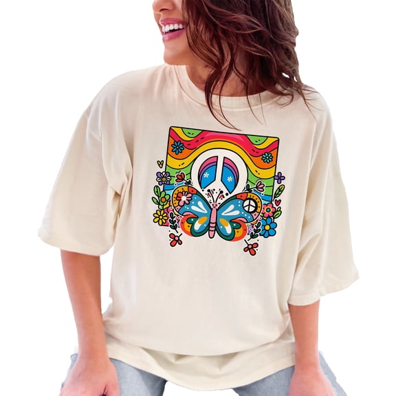 Retro Peace Butterfly T-Shirt, Colorful Hippie Design Shirt, Groovy 70s Flower Power Tee, Rainbow Peace Sign Graphic Tee, Ivory Comfort Colors T-Shirt, 2XL
