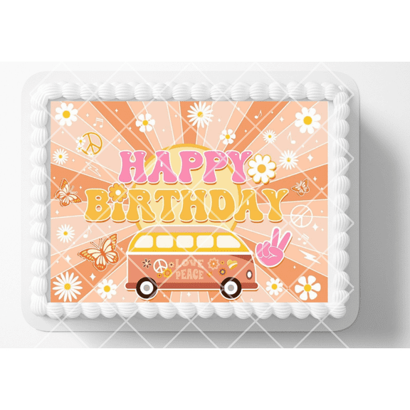 Retro Peace Hippie Groovy Birthday Edible Image Cake Topper, by ToriBellas Designs