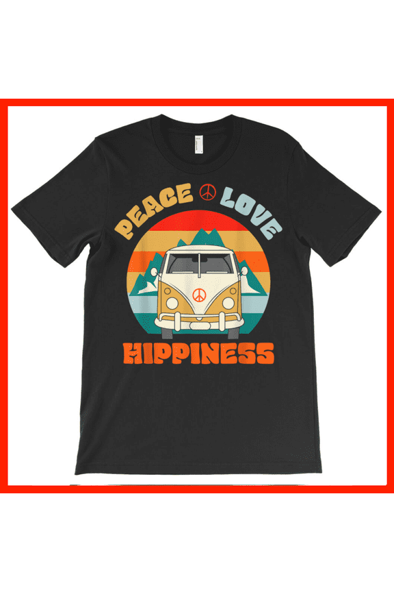 Retro Peace Love Hippiness Vintage Camper Van Sunset Mountains T-Shirt AH5162, Premium for Unisex - Extended Sizes Up to 5XL