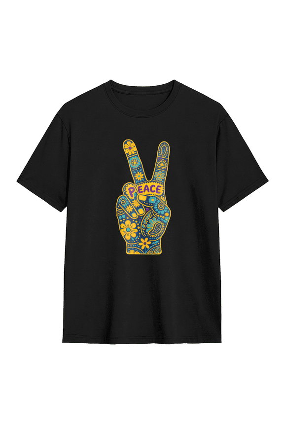Retro Peace Sign Finger Mandala Pattern Graphic Tee for Men and Women, Vintage Hippie Vibe Cotton Short Sleeve T Shirt