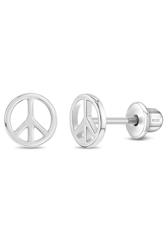 Retro Peace Sign Kids / Children's / Girls Earrings Screw Back - Sterling Silver
