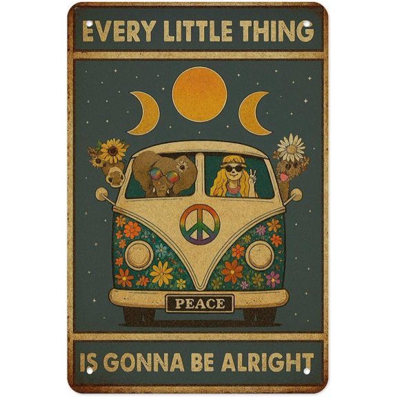 Retro Peace Van Metal Wall Art Sign with Animals and Moon Phases 8x12 Boho Decor for Home or Camper