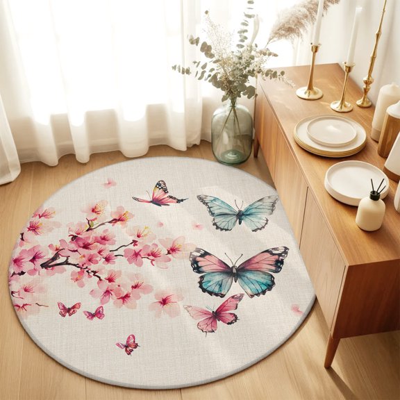 Retro Peach Blossom Butterfly Round Area Rug 3ft,Living Room Rug Non-Slip Washable Circle Rugs Pad,Animal Plants on Linen Soft Floor Carpet for Bedroom Dining Room