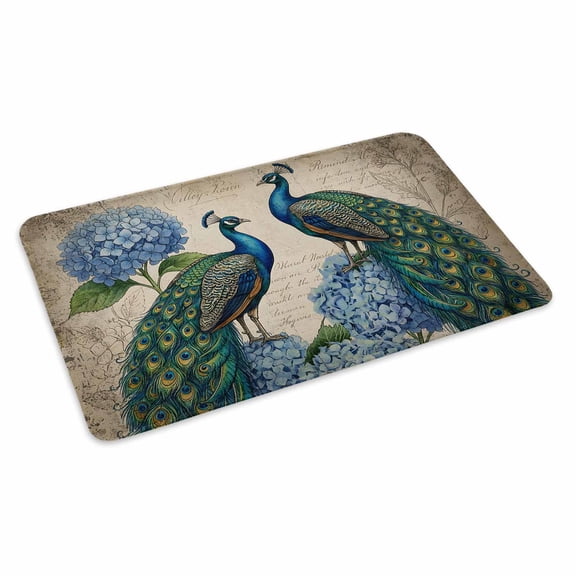 Retro Peacock Doormat Blue Hydrangea Watercolor Vintage Non Slip Low Profile Rubber Door Mat Washable Absorbent Indoor Front Door Mat Entryway Rug Entrance Carpet 16x24 Inch