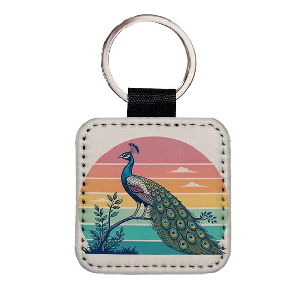Retro Peacock Faux Leather Square Keychain