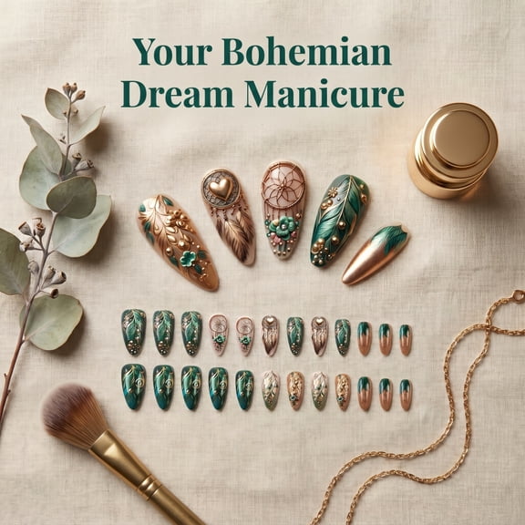 Retro Peacock Feather Almond Nail Tips, 3D Dreamcatcher Carved False Nails, 24 Pieces, Detachable and Wearable Nail Art with Glue
