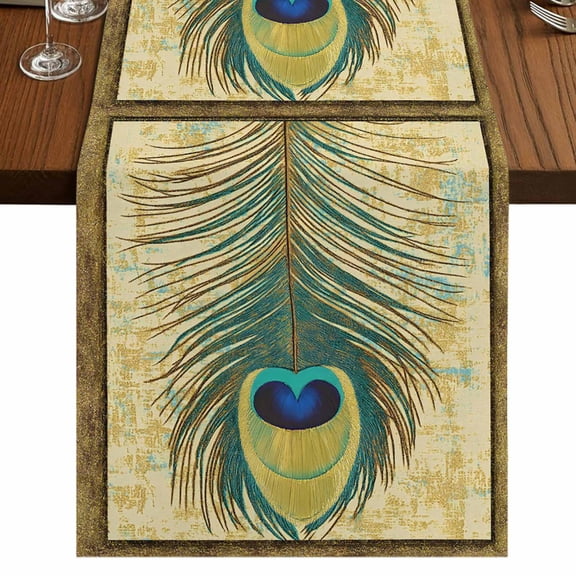 Retro Peacock Feathers 36 Inch Table Runner, Vintage Abstract Art Farmhouse Dresser Scarf Cotton & Linen Tablerunner for Dining/Kitchen Island/Holiday Party Décor Small 13" x 36"
