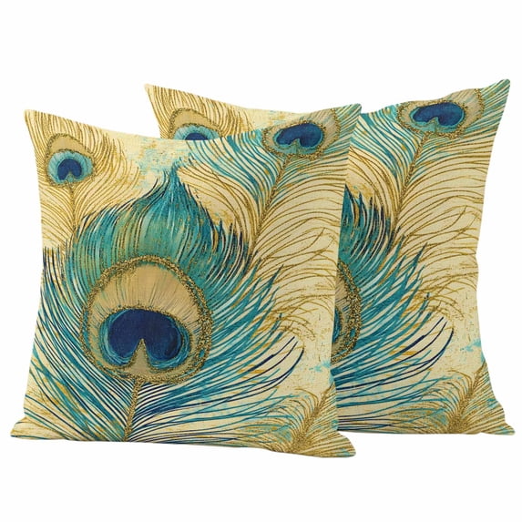 Retro Peacock Feathers Outdoor Waterproof Pillow Covers, Vintage Abstract Art Watercolor Decorative Square Throw Pillowcase Sofa Cushion Sham for Patio/Couch/Chair, 26"x26" 2 Pack