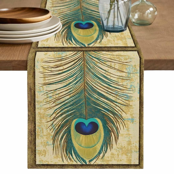 Retro Peacock Feathers Table Runner, Vintage Abstract Art Washable Cotton Linen Table Runners 48 Inches Long, Dresser Scarf Runner for Nightstand/Coffee/End Tables 13''x48''