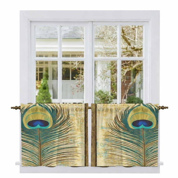Retro Peacock Feathers Tier Curtains, Vintage Abstract Art Light Filtering Kitchen Curtains, 2Pcs Rod Pocket Half Window Treatments Panels for Sink Cafe Cabinet Camper 27.5x24 Inches