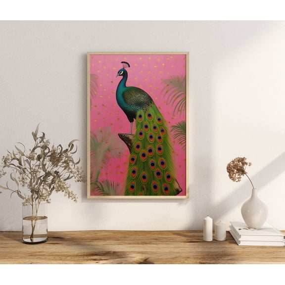 Retro Peacock Golden Ferns Crimson Polka Dot Rose, Opulent Hollywood Regency Style, Print Wall Art, Luxe Bird Decor For Home #1724, Unframed Poster Size 12x18