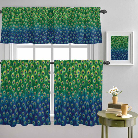 Retro Peacock Texture Pattern Curtain Tier and Valance Set 3 Piece, Green Blue 3-inch Rod Pocket Window Tier Curtains Valance for Kitchen Living Room
