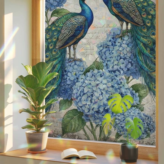 Retro Peacock Window Privacy Film, Blue Hydrangea Watercolor Vintage Stained Glass Rainbow Film Decorative Window Clings, Static Cling Sun Blocking Stickers 17.7" x 39.3"