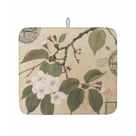 Retro Pear Blossom Floral Leaves Dish Drying Mats for Kitchen Counter,Absorbent Microfiber Dish Drainer Rack Mat Tree Branch on Postcard Drying Pad for Sinks,Utensils,Countertops,16x18in
