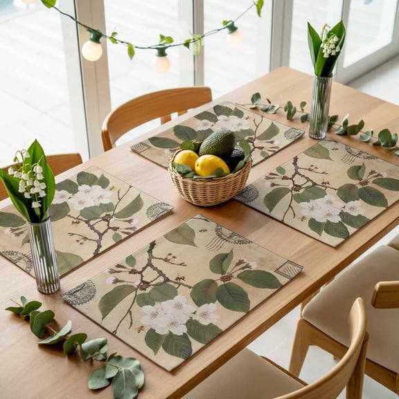 Retro Pear Blossom Floral Leaves Placemats Set of 4,Wipeable Washable Table Mats for Dining Tables, Tree Branch on Postcard Place Mats for Kitchen Event Party Tabletop Decor