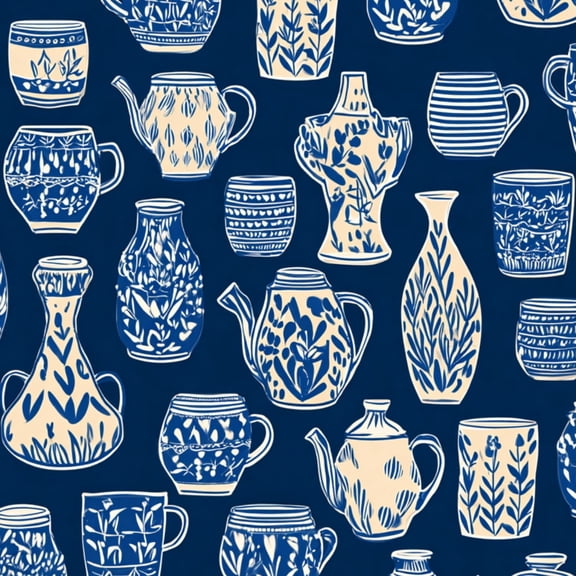 Retro Peel and Stick Wallpaper 17.7in x 9.8ft Blue Beige Hand Drawn Pottery Folk Art Ceramic Contact Paper Vinyl Waterproof Self Adhesive Wall Paper for Bedroom Shelf Cabinet Renter Friendly