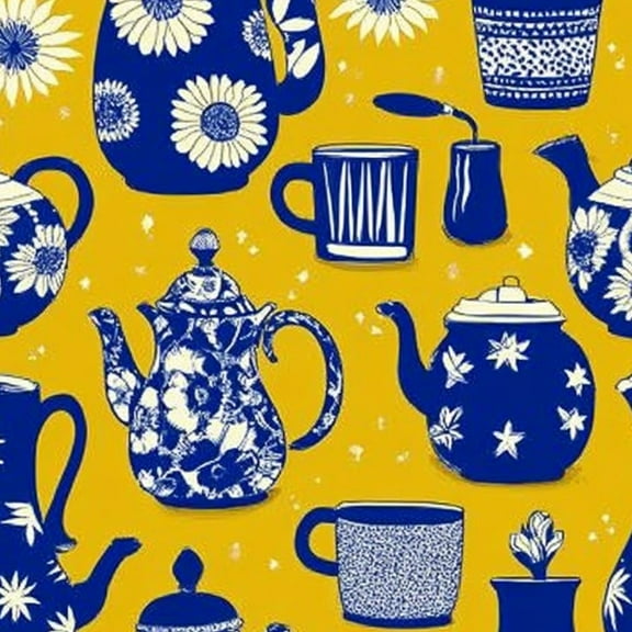 Retro Peel and Stick Wallpaper 23.6in x 9.8ft Blue White Floral Teapots Cups Yellow Contact Paper Vinyl Waterproof Self Adhesive Wall Paper for Bedroom Shelf Cabinet Renter Friendly