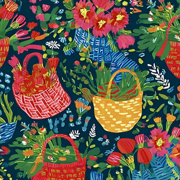Retro Peel and Stick Wallpaper 23.6in x 9.8ft Vibrant Floral Baskets Hand Painted Dark Contact Paper Vinyl Waterproof Self Adhesive Wall Paper for Bedroom Shelf Cabinet Renter Friendly