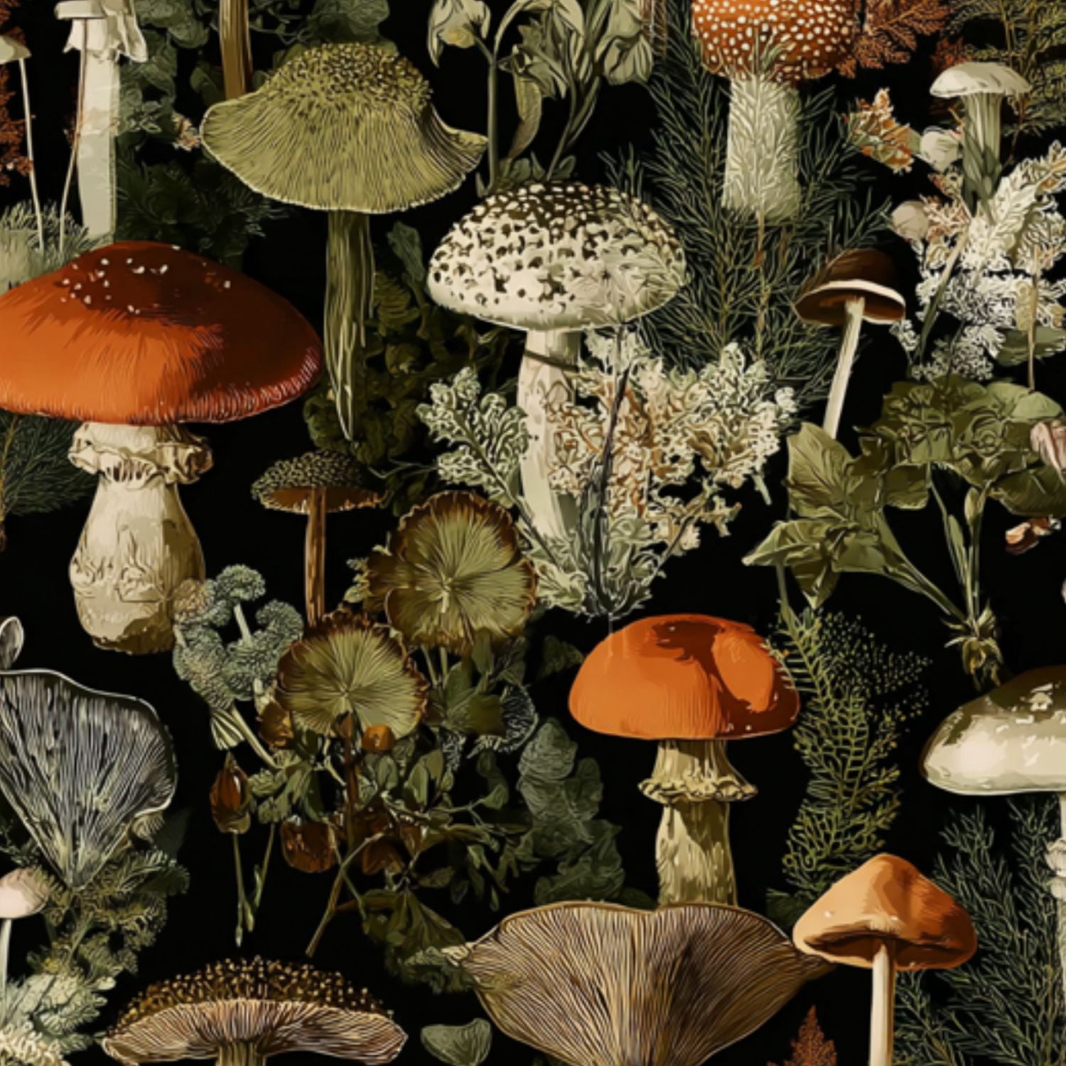 Retro Peel and Stick Wallpaper Botanical Mushroom Garden Fungi Greenery ...