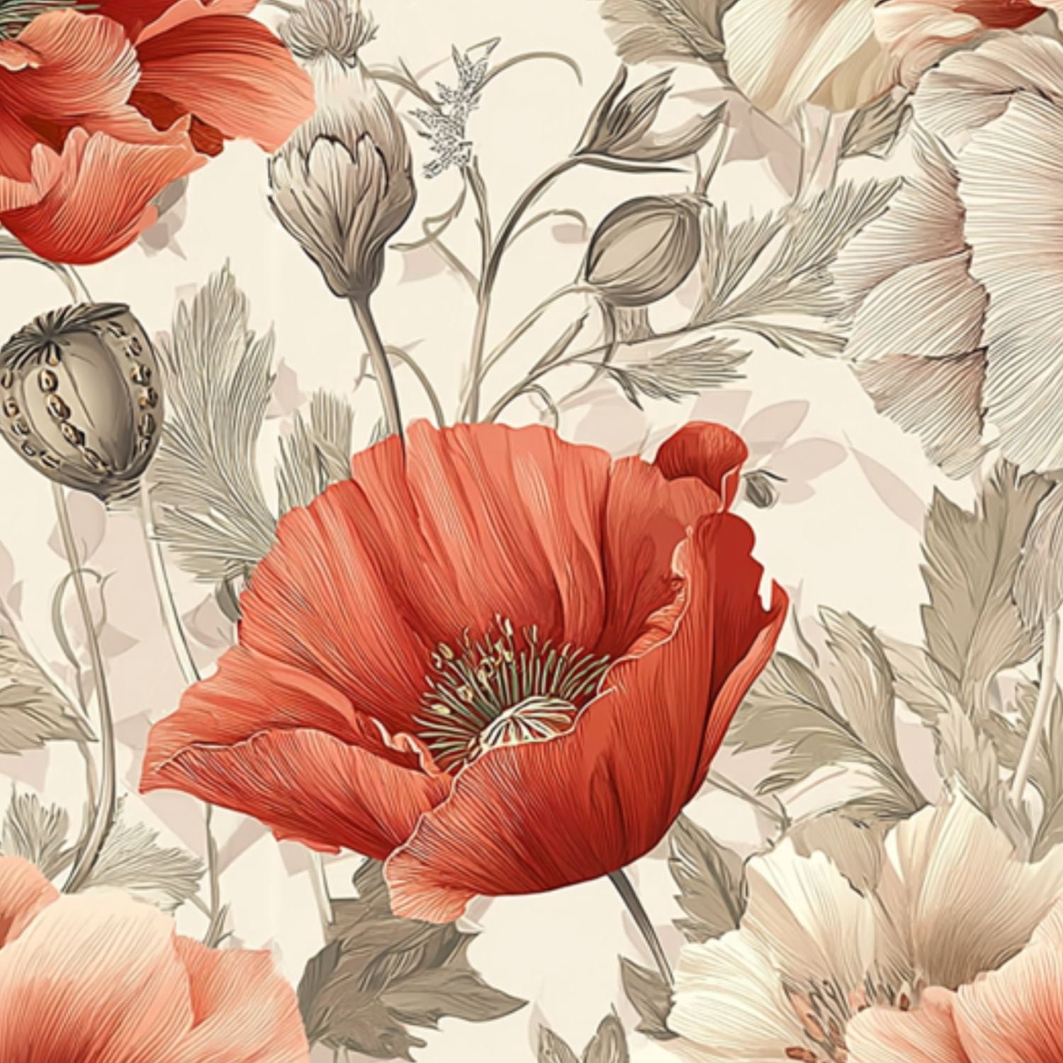 Retro Peel and Stick Wallpaper Vintage Floral Red Poppies Soft Beige ...