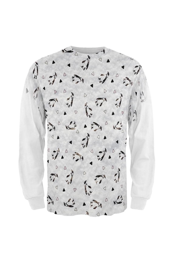 Retro Penguin Pattern All Over Mens Long Sleeve T Shirt White MD