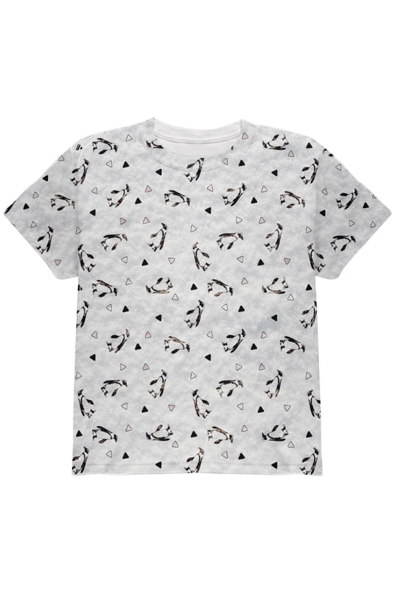 Retro Penguin Pattern All Over Youth T Shirt White YLG