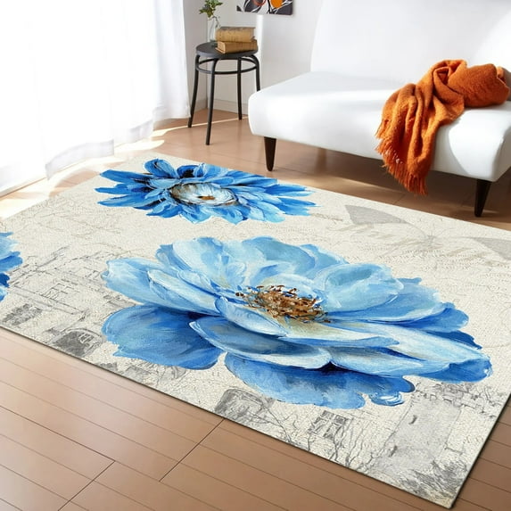 Retro Peony Blue Flower Living Room Carpet Coffee Table Floor Mat Study Bedroom Bedside Home ration Large Rug Floor Mat