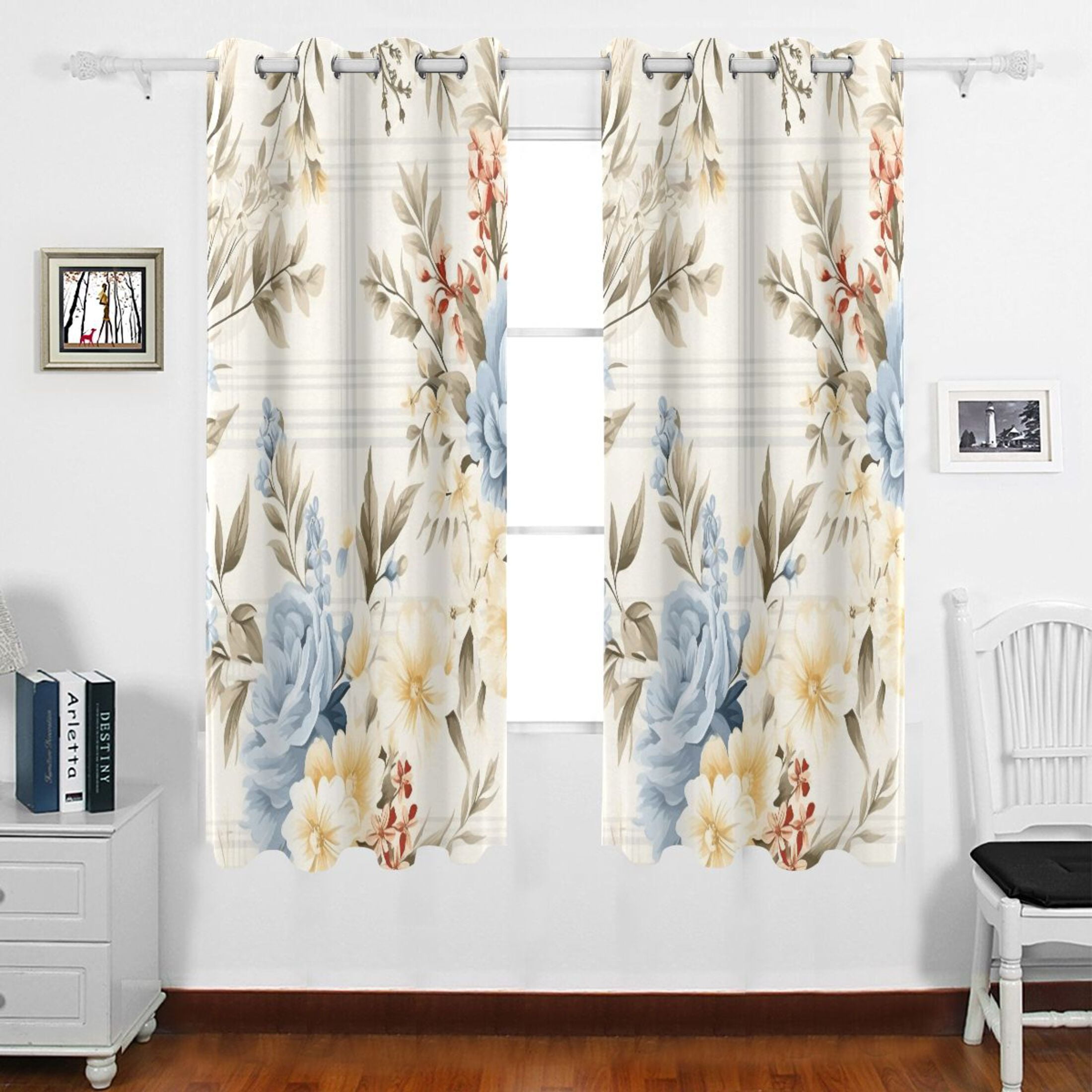 Retro Peony Flower Grommet Blackout Curtains Thermal Insulated Window ...